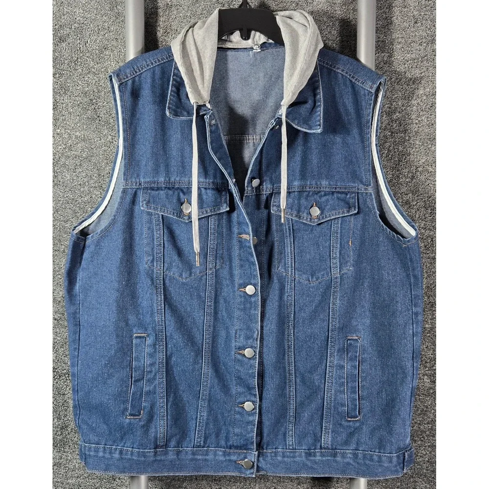 Mens Blue Denim Vest with Detachable Grey Hood Sleeveless Trucker Jacket Large